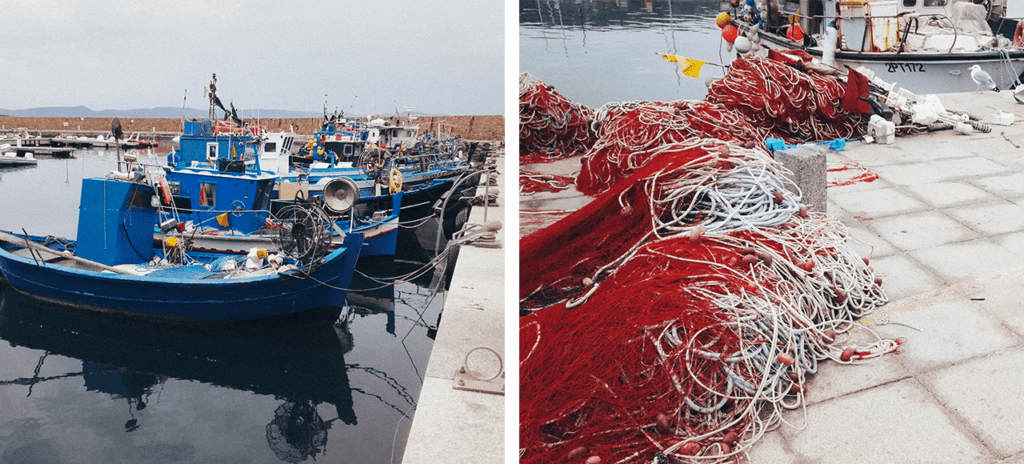 Les bateaux de pêche sur le port d'Isola Rossa en Sardaigne