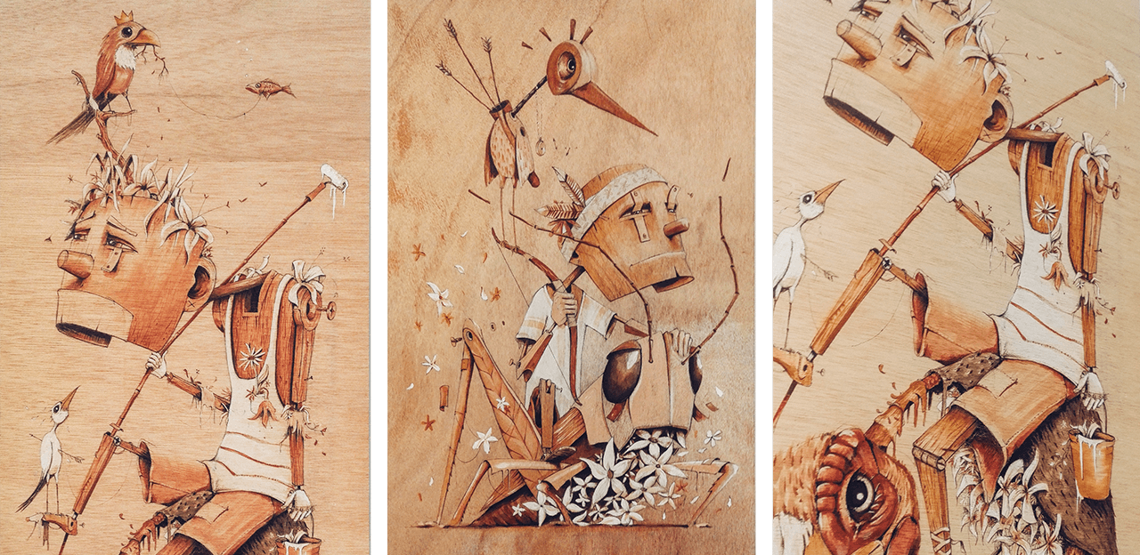 Peinture sur planche de bois d'hommes entourés d'animaux