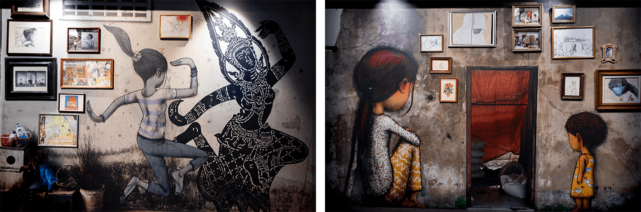 Galerie Fluctuart, exposition de Seth, photographie de droite fresque à Pangukrejo, Java, Indonésie et photographie de gauche fresque à Siem Reap, Cambodge