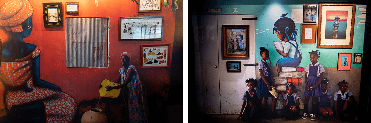 Galerie Fluctuart, exposition de Seth, photographie de droite fresque à Mirebalais, Haïti et photographie de gauche fresque à Niorio du Rip, Sénégal