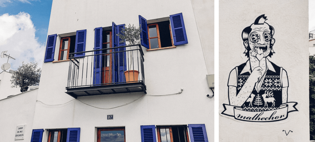 Ville de Palma, maison aux volets bleus et collage sur un mur