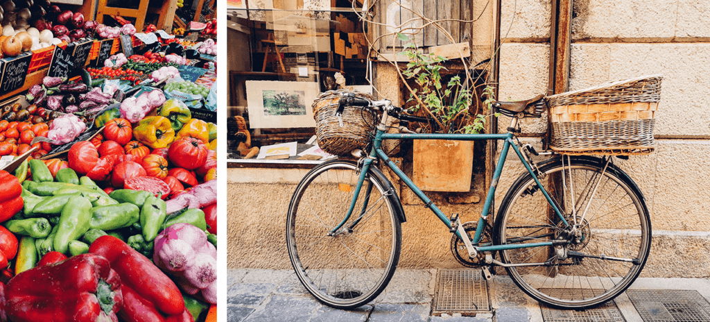 Dans les rues de Sóller, étal de fruits et légumes et vélos